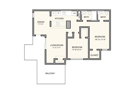 Floor plan for 2 beds, 1.5 baths, 975 sqft